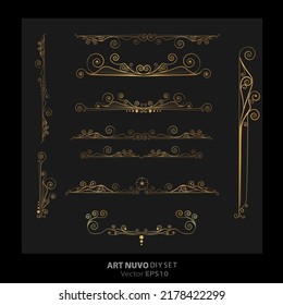 Art deco Art Nuevo DIY elegant elements vector golden black elegant luxury set of objects for print and web. Creative illustration.