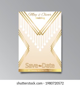 Art Deco, Art Nuevo wedding invitation, golden, white light beige luxury elegant retro style. Save the date poster, geometric greeting card invite. Modern abstract vector illustration design, menu