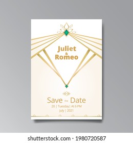 Art Deco, Art Nuevo Hochzeit Einladung, goldgelb, weißes Licht beige Luxus elegante Retro-Stil. Speichern Sie das Datum Poster, geometrische Grußkarteneinladung. Modernes abstraktes Vektorgrafik-Design, Menü