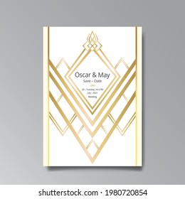 Art Deco, Art Nuevo wedding invitation, golden, white light beige luxury elegant retro style. Save the date poster, geometric greeting card invite. Modern abstract vector illustration design, menu