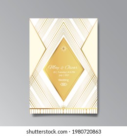 Art Deco, Art Nuevo Hochzeit Einladung, goldgelb, weißes Licht beige Luxus elegante Retro-Stil. Speichern Sie das Datum Poster, geometrische Grußkarteneinladung. Modernes abstraktes Vektorgrafik-Design, Menü