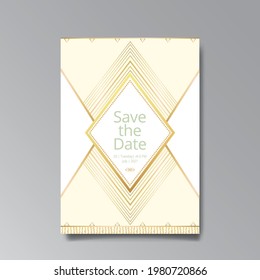 Art Deco, Art Nuevo wedding invitation, golden, white light beige luxury elegant retro style. Save the date poster, geometric greeting card invite. Modern abstract vector illustration design, menu