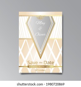 Art Deco, Art Nuevo wedding invitation, golden, white light beige luxury elegant retro style. Save the date poster, geometric greeting card invite. Modern abstract vector illustration design, menu