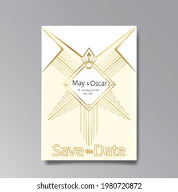 Art Deco, Art Nuevo wedding invitation, golden, white light beige luxury elegant retro style. Save the date poster, geometric greeting card invite. Modern abstract vector illustration design, menu