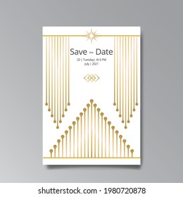 Art Deco, Art Nuevo wedding invitation, golden, white light beige luxury elegant retro style. Save the date poster, geometric greeting card invite. Modern abstract vector illustration design, menu