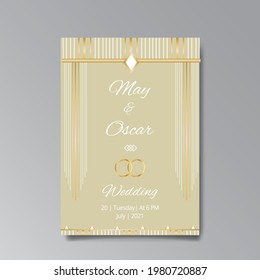 Art Deco, Art Nuevo wedding invitation, golden, white light beige luxury elegant retro style. Save the date poster, geometric greeting card invite. Modern abstract vector illustration design, menu