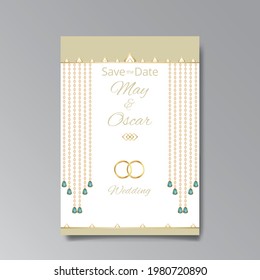 Art Deco, Art Nuevo wedding invitation, golden, white light beige luxury elegant retro style. Save the date poster, geometric greeting card invite. Modern abstract vector illustration design, menu