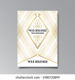 Art Deco, Art Nuevo wedding invitation, golden, white light beige luxury elegant retro style. Save the date poster, geometric greeting card invite. Modern abstract vector illustration design, menu