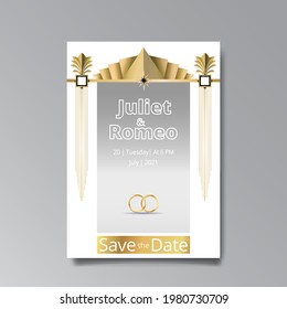 Art Deco, Art Nuevo wedding invitation, golden, white light beige luxury elegant retro style. Save the date poster, geometric greeting card invite. Modern abstract vector illustration design, menu