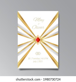 Art Deco, Art Nuevo wedding invitation, golden, white light beige luxury elegant retro style. Save the date poster, geometric greeting card invite. Modern abstract vector illustration design, menu