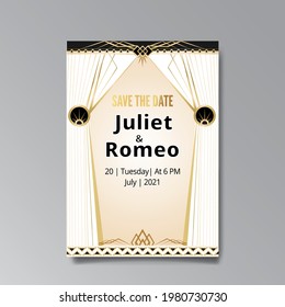 Art Deco, Art Nuevo Hochzeit Einladung, goldgelb, weißes Licht beige Luxus elegante Retro-Stil. Speichern Sie das Datum Poster, geometrische Grußkarteneinladung. Modernes abstraktes Vektorgrafik-Design, Menü