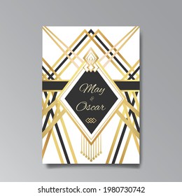 Art Deco, Art Nuevo Hochzeit Einladung, goldgelb, weißes Licht beige Luxus elegante Retro-Stil. Speichern Sie das Datum Poster, geometrische Grußkarteneinladung. Modernes abstraktes Vektorgrafik-Design, Menü