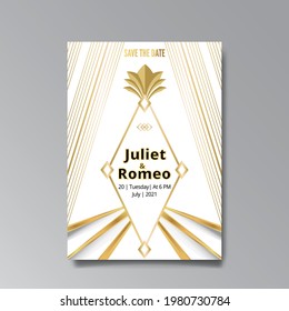 Art Deco, Art Nuevo Hochzeit Einladung, goldgelb, weißes Licht beige Luxus elegante Retro-Stil. Speichern Sie das Datum Poster, geometrische Grußkarteneinladung. Modernes abstraktes Vektorgrafik-Design, Menü