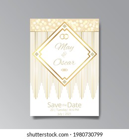 Art Deco, Art Nuevo wedding invitation, golden, white light beige luxury elegant retro style. Save the date poster, geometric greeting card invite. Modern abstract vector illustration design, menu