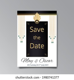 Art Deco, Art Nuevo wedding invitation, golden, white light beige luxury elegant retro style. Save the date poster, geometric greeting card invite. Modern abstract vector illustration design, menu