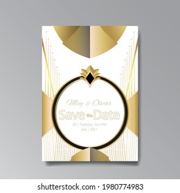 Art Deco, Art Nuevo Hochzeit Einladung, goldweißer Luxus elegante Retro-Stil. Speichern Sie das Datum Poster, geometrische Grußkarteneinladung. Moderne abstrakte Elemente, Vektorgrafik-Design, Menü, Cover