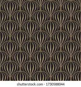 Líneas de apertura Art Deco de diseño gráfico vectorial sin fisuras. El fondo de escritorio geométrico del interior sigue el patrón con líneas doradas de figuras en un fondo negro