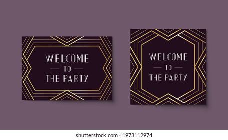 Art deco ornament invitation card. Vector party invitation flyer, vintage decorative mockup in classic retro style. Luxury greeting card design with golden ornamental frame
