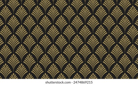 Art Deco ornament pattern background. A striking Art Deco-inspired flora pattern featuring gold lines on a dark background.