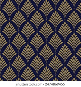 Art Deco ornament pattern background. A striking Art Deco-inspired flora pattern featuring gold lines on a rich navy background.