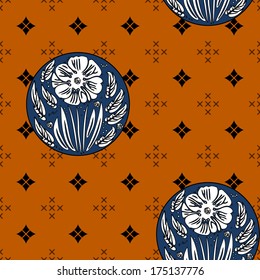 art deco ornamental seamless pattern in  black, white, orange and blue color