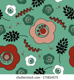 art deco ornamental seamless pattern in green, red and black colors
