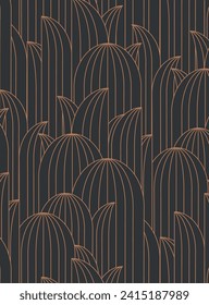 Art deco oval leafy geometrical seamless pattern drawing in dark brown palette.