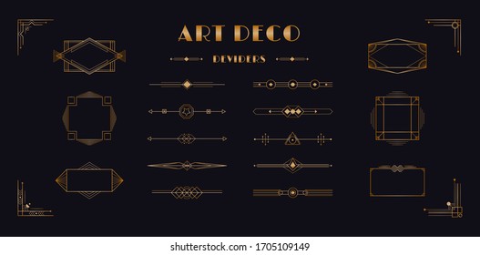 Art deco page divider header set. Vintage gold artdeco frames 1920s decorative ornaments, vector minimal elegant corners and borders geometric template design for wedding invitation card