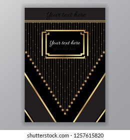 Art Deco page template, gatsby style for web and print, triangle with golden chains on  black. Modern design for menu or flyer, luxury gentel 