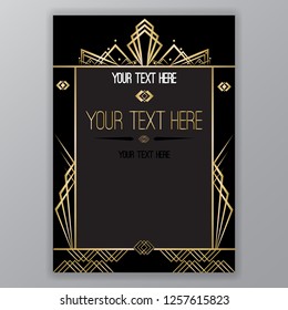Art Deco page template, gatsby style for web and print, city and the lights pattern with golden lines. Modern design for menu or flyer, luxury gentel 