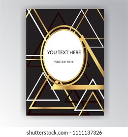 Art deco page template, golden black  white geometric triangle pattern , retro texture . Print and web design , vector poster. 