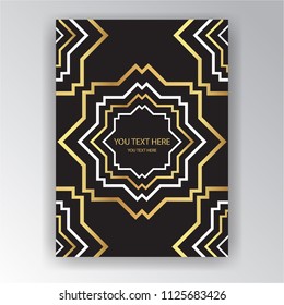 Art Deco page template, octagonal geometric pattern with zoom in effect for print and web decoration, creative style background golden black white.