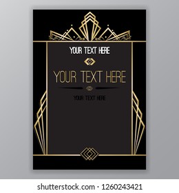 Art Deco page template, retro  style for web and print, city and the lights pattern with golden lines. Modern design for menu or flyer, luxury gentle 