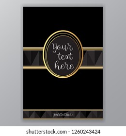 Art Deco page template, retro style for web and print, circle pattern with golden lines on black with grey elements.Polygonal triangles, creative design for menu or flyer