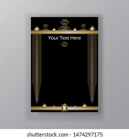 Art Deco page template, retro  style for web and print, city and the lights pattern with golden lines. Modern design for menu or flyer, luxury gentle 