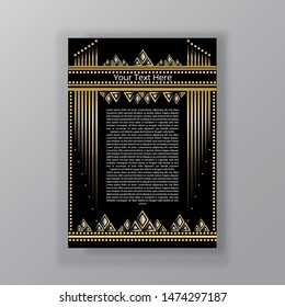Art Deco page template, retro  style for web and print, city and the lights pattern with golden lines. Modern design for menu or flyer, luxury gentle 