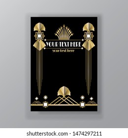 Art Deco page template, retro  style for web and print, city and the lights pattern with golden lines. Modern design for menu or flyer, luxury gentle 