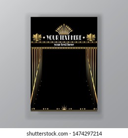 Art Deco page template, retro  style for web and print, city and the lights pattern with golden lines. Modern design for menu or flyer, luxury gentle 