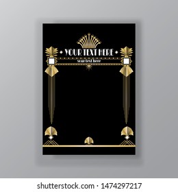 Art Deco page template, retro  style for web and print, city and the lights pattern with golden lines. Modern design for menu or flyer, luxury gentle 