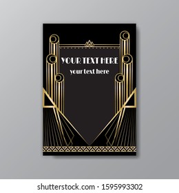 Art Deco page template, retro  style for web and print, Greece columns   geometric pattern with golden lines. Modern design for menu or flyer, luxury gentle 