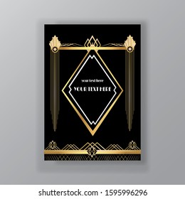 Art Deco page template, retro  style for web and print  elegant vintage pattern with geometric golden lines. Modern design for menu or flyer, luxury gentle background 