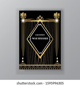 Art Deco page template, retro  style for web and print  elegant vintage pattern with geometric golden lines. Modern design for menu or flyer, luxury gentle background 