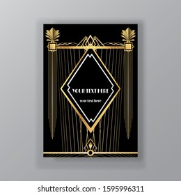 Art Deco page template, retro  style for web and print  elegant vintage pattern with geometric golden lines. Modern design for menu or flyer, luxury gentle background 