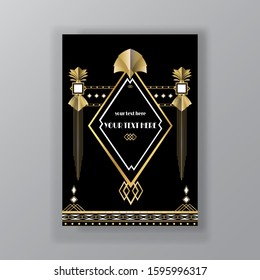 Art Deco page template, retro  style for web and print  elegant vintage pattern with geometric golden lines. Modern design for menu or flyer, luxury gentle background 