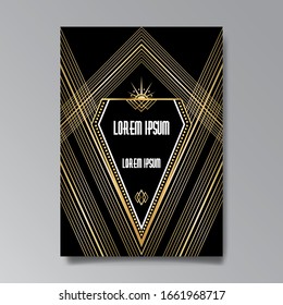 Art Deco page template, retro style for web and print, geometric retro pattern design with golden lines. Modern design for menu or flyer, luxury gentle twenties style