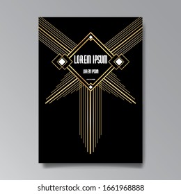 Art Deco page template, retro style for web and print, geometric retro pattern design with golden lines. Modern design for menu or flyer, luxury gentle twenties style