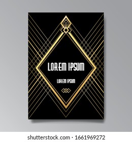Art Deco page template, retro style for web and print, geometric retro pattern design with golden lines. Modern design for menu or flyer, luxury gentle twenties style