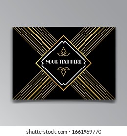 Art-Deco-Seitenvorlage, Retro-Stil für Web und Druck, geometrisches Retro-Muster Design mit goldenen Linien. Modernes Design für Menü oder Flyer, luxuriöser, sanfter Stil der Zwanziger Jahre
