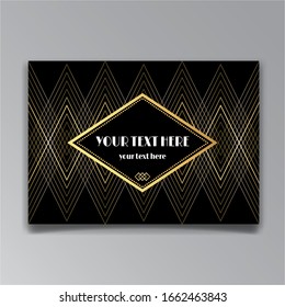 Art-Deco-Seitenvorlage, Retro-Stil für Web und Druck, geometrisches Retro-Muster Design mit goldenen Linien. Modernes Design für Menü oder Flyer, luxuriöser, sanfter Stil der Zwanziger Jahre