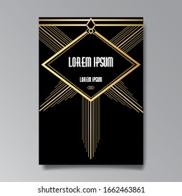 Art Deco page template, retro style for web and print, geometric retro pattern design with golden lines. Modern design for menu or flyer, luxury gentle twenties style